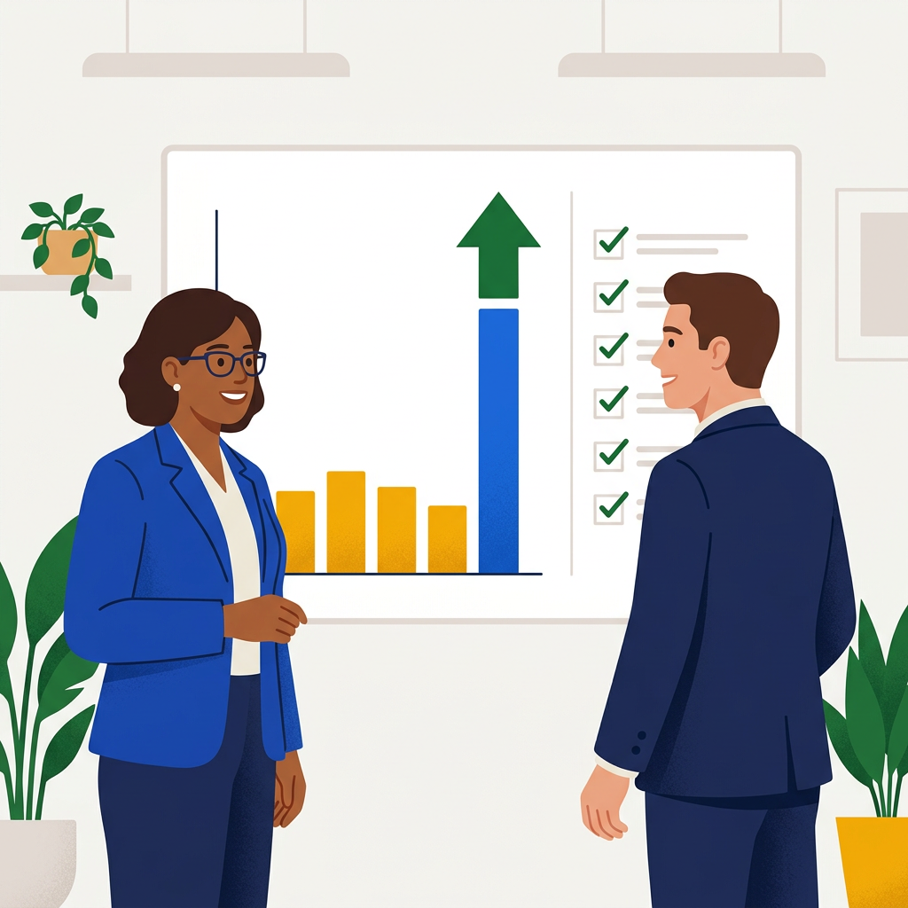 Ilustrasi pemilik bisnis dan praktisi meninjau grafik sebelum dan sesudah perbaikan beserta daftar periksa.
