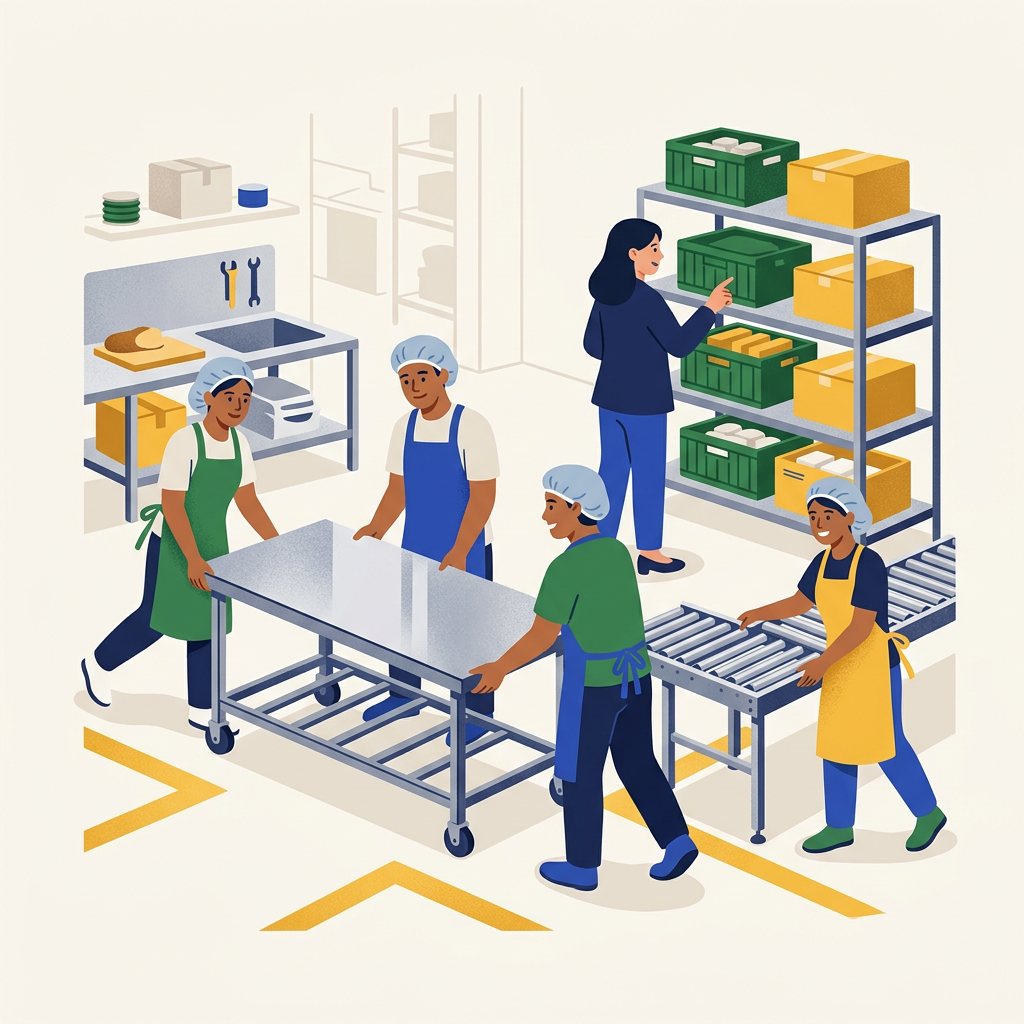 Ilustrasi tim produksi bersama praktisi menata ulang meja kerja, roller conveyor, dan rak di area produksi.
