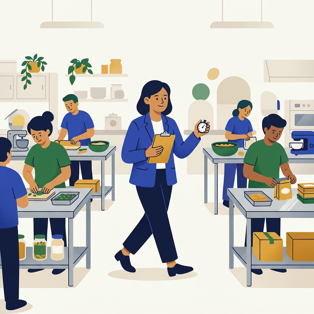 Ilustrasi praktisi membawa papan catatan dan stopwatch sambil mengamati proses kerja di dapur produksi.