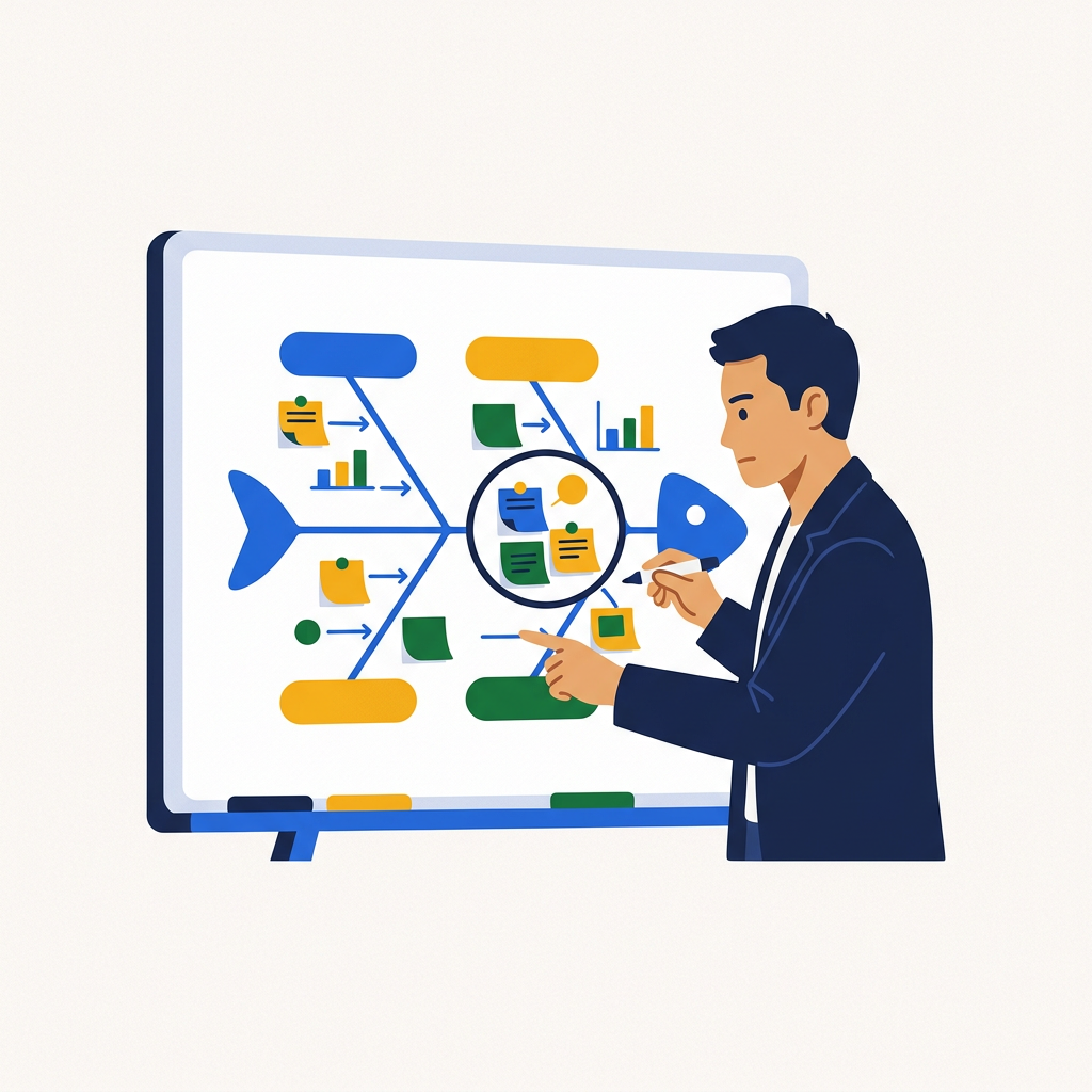 Ilustrasi praktisi menganalisis diagram tulang ikan dan grafik di papan tulis untuk menemukan akar masalah.